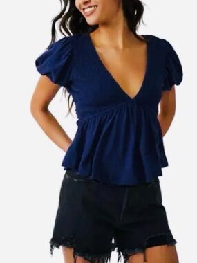NWT Free People Charlotte Blue Smocked Top Puff Sleeve Open Back Tie Medium Boho